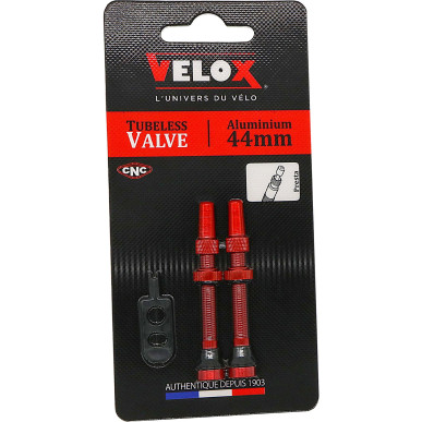 Velox tubeless Presta valves, red aluminium, 44 mm, pair on backing card