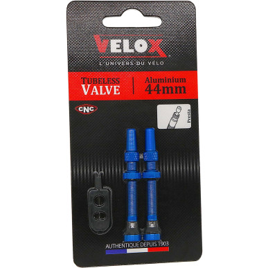 Velox tubeless Presta valves, blue aluminium, 44 mm, pair on backing card