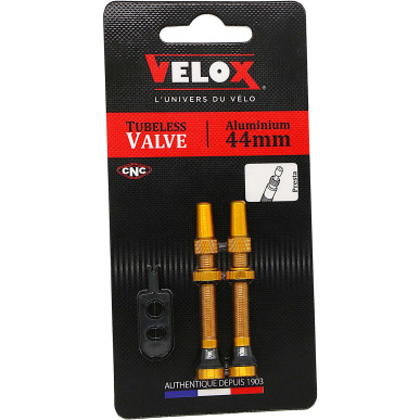 Velox tubeless Presta valves, gold aluminium, 44 mm, pair on backing card