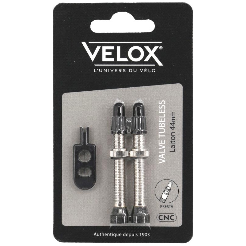 Velox tubeless Presta valves, brass, 44 mm, pair on backing card Velox tubeless Presta valves, brass, 44 mm, pair on backing card