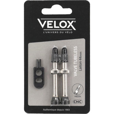 Velox tubeless Presta valves, brass, 44 mm, pair on backing card