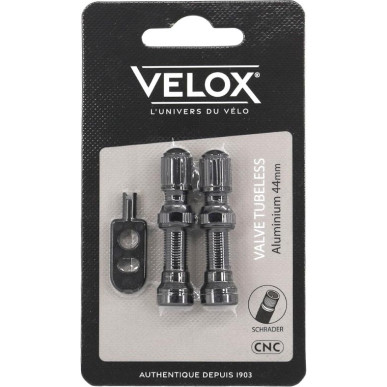 Velox tubeless Schrader valves, black aluminium, 44 mm, pair on backing card