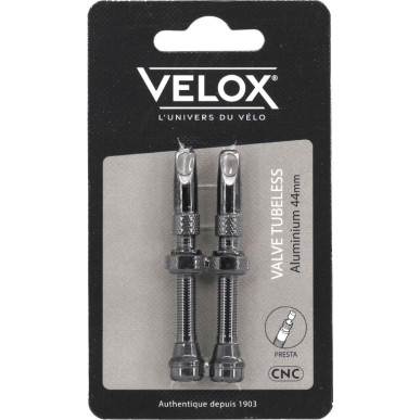 Velox tubeless Presta valves, black aluminium, 44 mm, pair on backing card