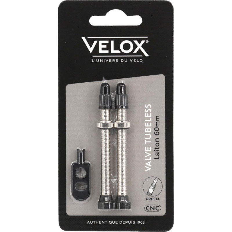 Velox tubeless Presta valves, brass, 60 mm, pair on backing card Velox tubeless Presta valves, brass, 60 mm, pair on backing card