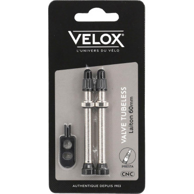 Velox tubeless Presta valves, brass, 60 mm, pair on backing card