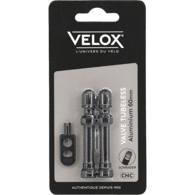 Velox tubeless Schrader valves, black aluminium, 60 mm, pair on backing card