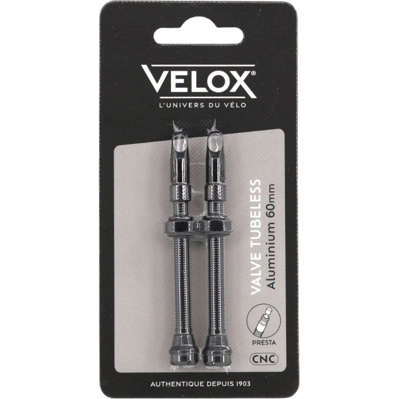 Velox tubeless Presta valves, black aluminium, 60 mm, pair on backing card Velox tubeless Presta valves, black aluminium, 60 mm, pair on backing card