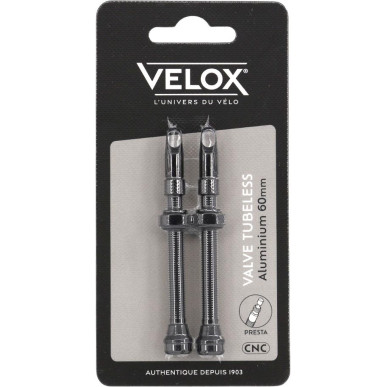 Velox tubeless Presta valves, black aluminium, 60 mm, pair on backing card