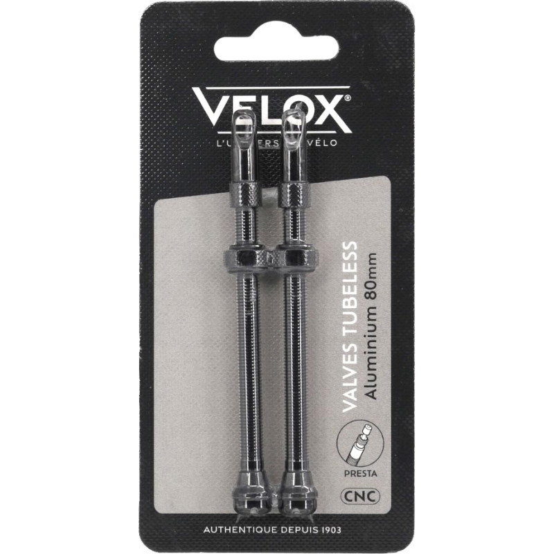 Velox tubeless Presta valves, black aluminium, 80 mm, pair on backing card Velox tubeless Presta valves, black aluminium, 80 mm, pair on backing card