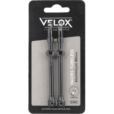 Velox tubeless Presta valves, black aluminium, 80 mm, pair on backing card